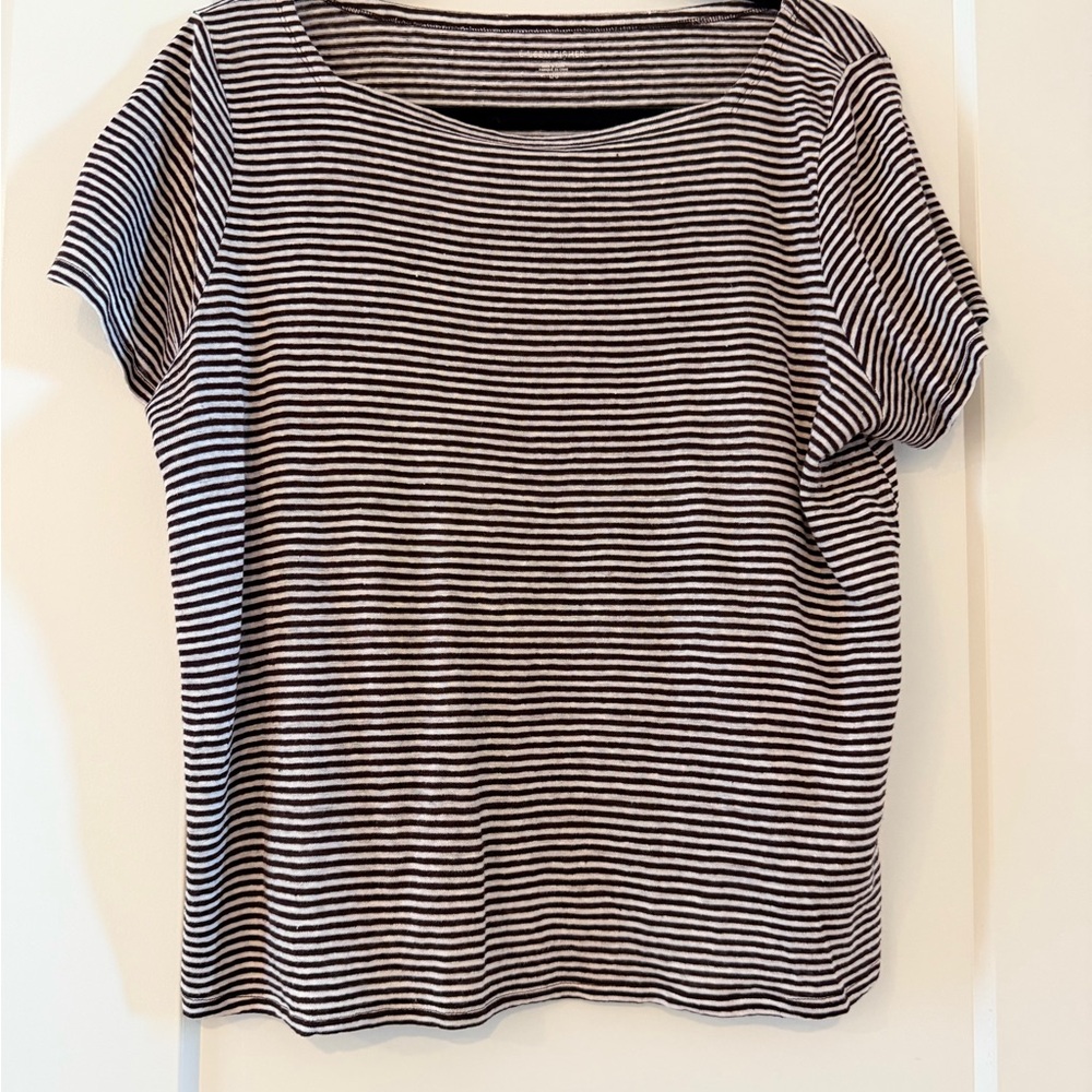 Eileen Fisher Burgundy and White Striped Short-Sleeve Tee